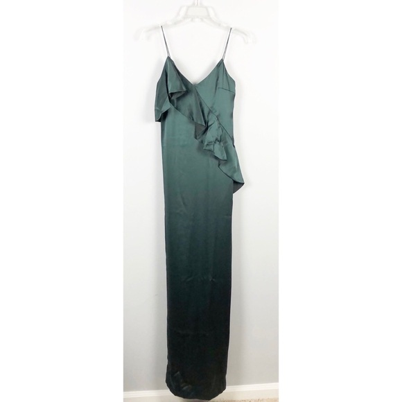 AMUR Sally Silk Sleeveless Ruffle Maxi Gown Dress In Emerald Green Size 0 - Picture 3 of 5